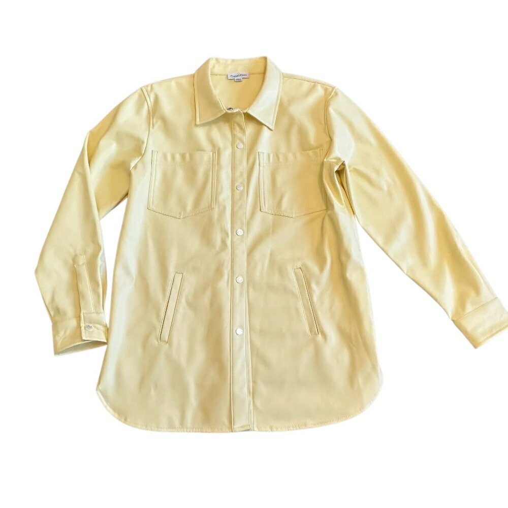 Calvin Klein Vegan Faux Leather Butter Yellow Snap Down Jacket Shacket Large